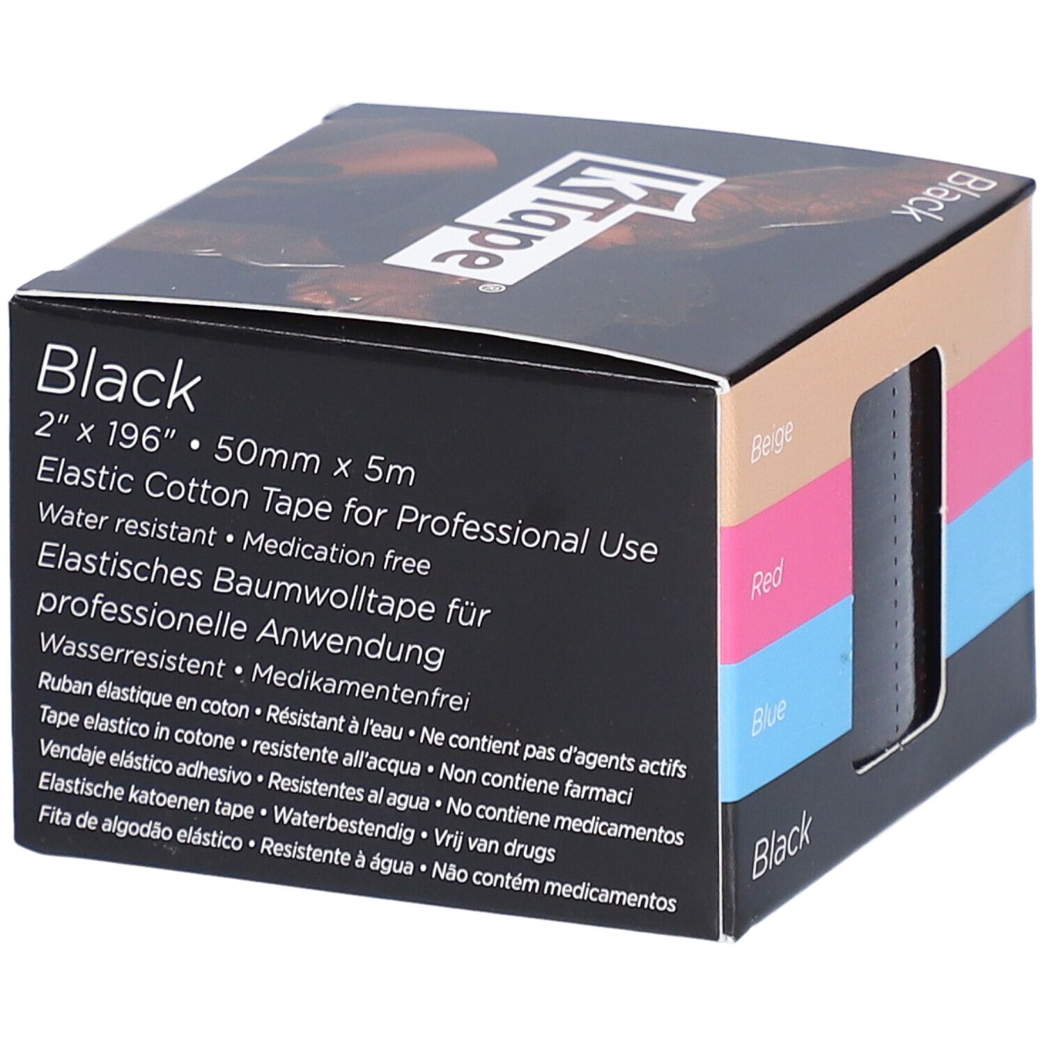 Emballage K-TAPE avec texte. Rouleau noir visible. Texte : "Black", "Elastic Cotton Tape".