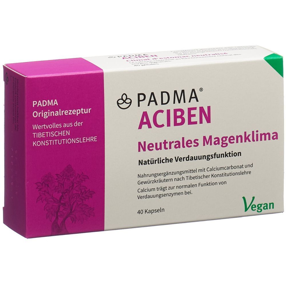 Karton von PADMA ACIBEN. Aufschrift: Neutrales Magenklima, Natürliche Verdauungsfunktion. Enthält 40 Kapseln. Vegan.
