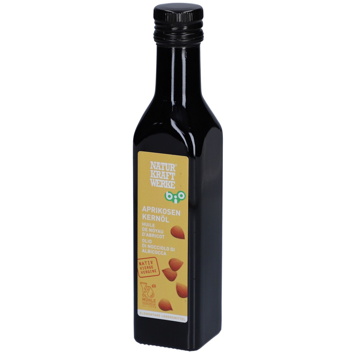 Braune Glasflasche mit schwarzem Deckel. Etikett mit Produktnamen und Bio-Siegel. Aprikosenkerne abgebildet.