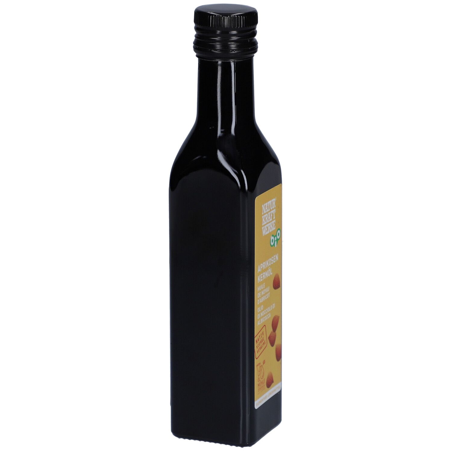 Braune Glasflasche mit schwarzem Deckel. Etikett mit Produktnamen und Bio-Siegel. Schräge Ansicht.