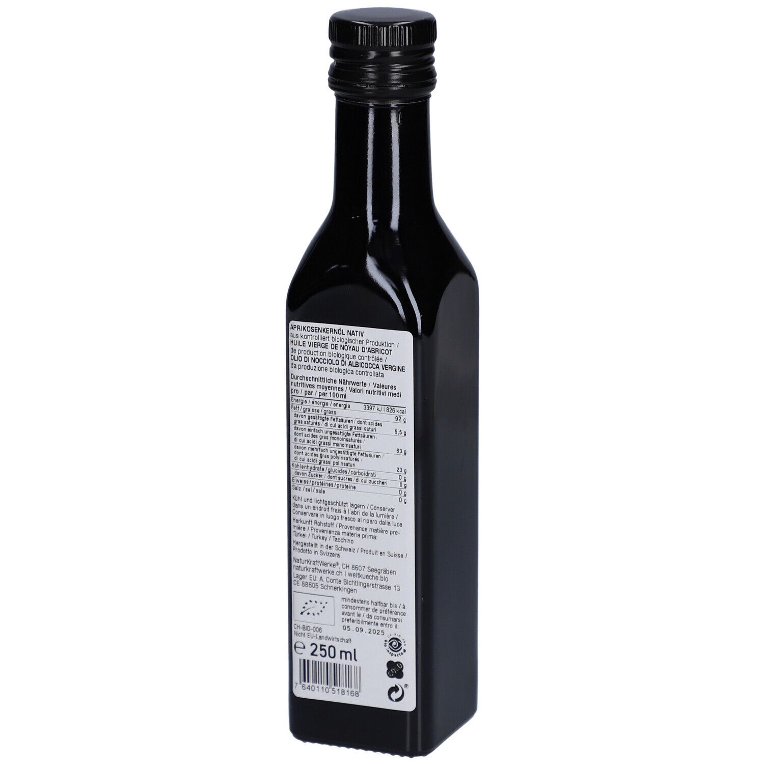 Rückseite der braunen Glasflasche. Etikett mit Produktinformationen, Inhaltsstoffen und Bio-Siegel. 250 ml.