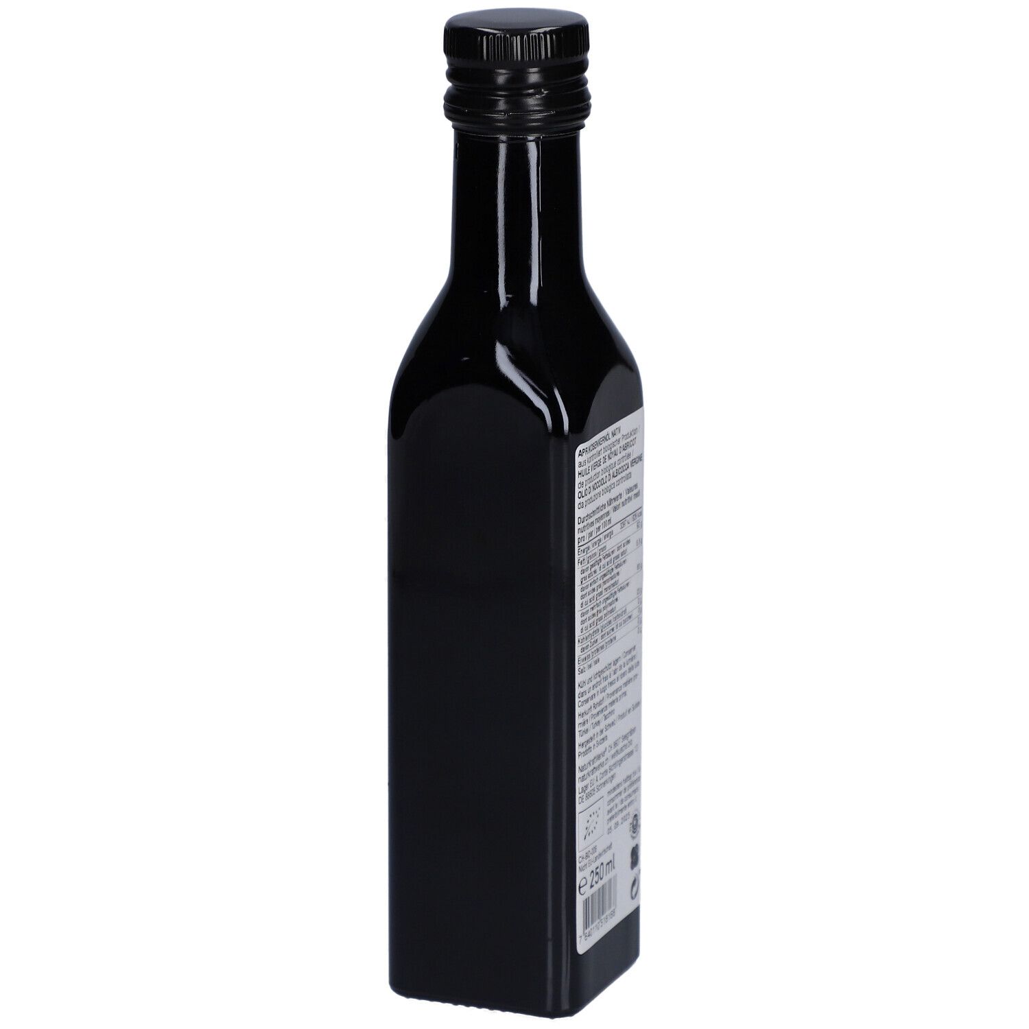 Rückseite der braunen Glasflasche. Etikett mit Produktinformationen und Bio-Siegel. Detailansicht.