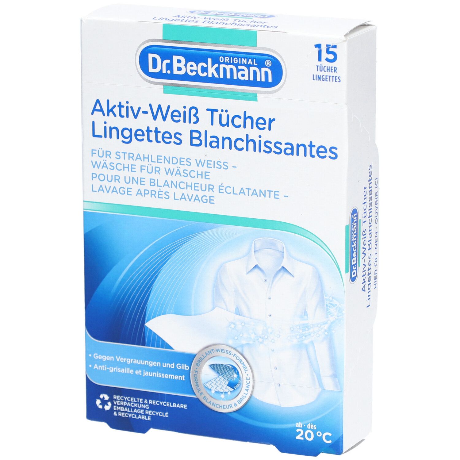 Schachtel mit "Dr. Beckmann Aktiv-Weiß Tücher". 15 Tücher. Abbildung eines weißen Hemdes.