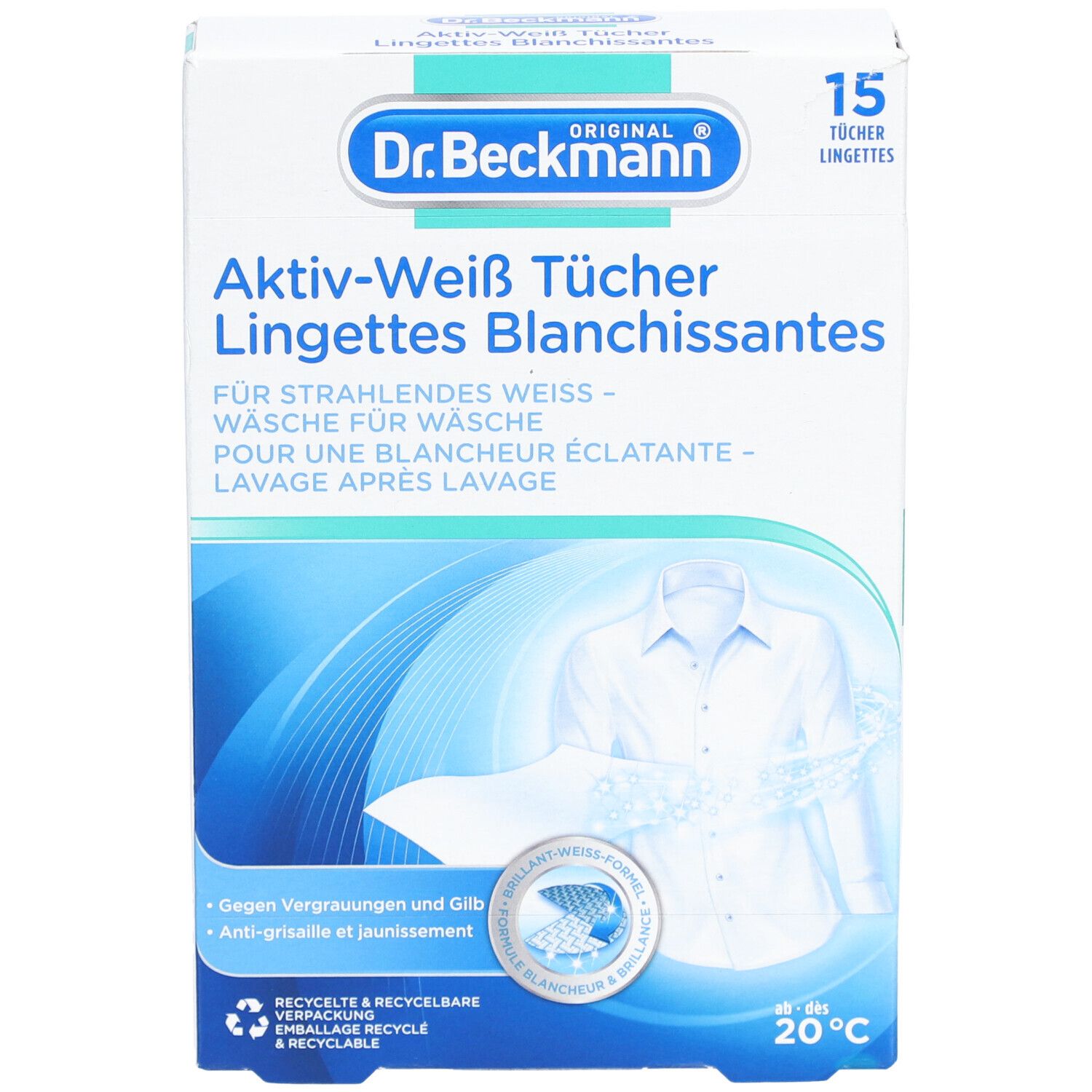 Schachtel "Dr. Beckmann Aktiv-Weiß Tücher". 15 Tücher. Abbildung eines weißen Hemdes.