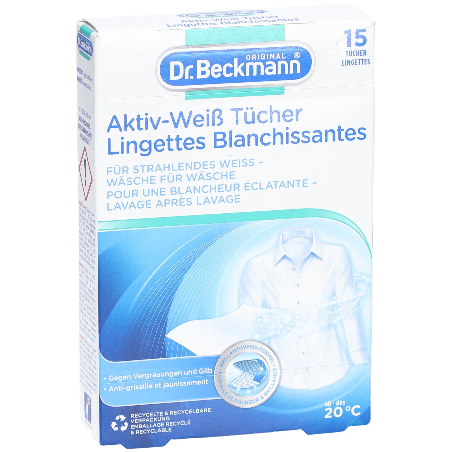 Schachtel "Dr. Beckmann Aktiv-Weiß Tücher". 15 Tücher. Abbildung eines weißen Hemdes.