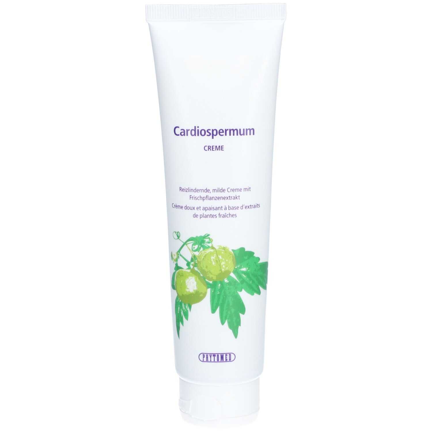 Creme-Tube mit Aufschrift Cardiospermum. Illustration von Blättern und Früchten. Produktname und Marke.