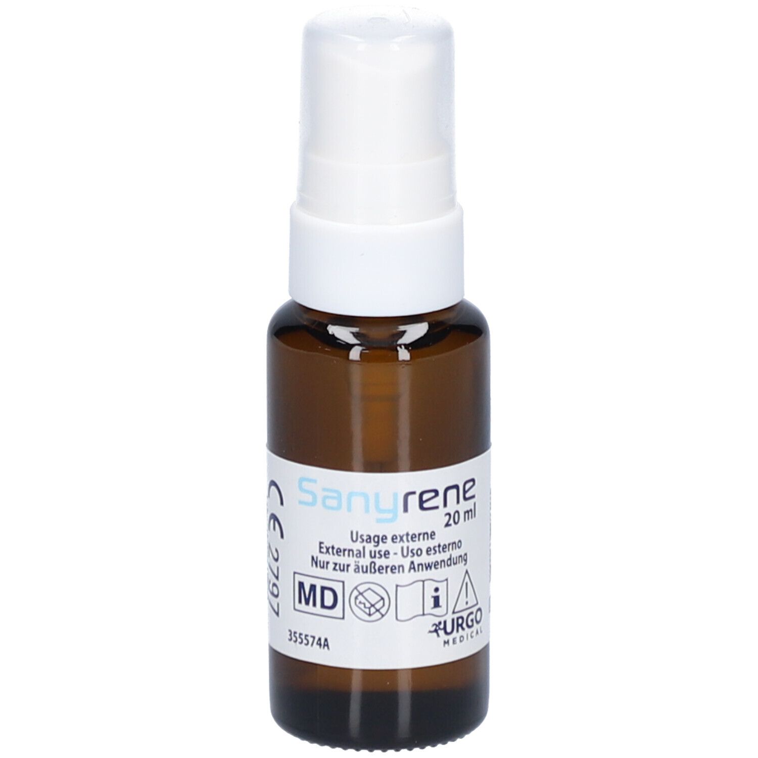 Braune Sprühflasche mit weißem Sprühkopf. Beschriftung: Sanyrene, 20 ml, externe Anwendung. Logo Urgo Medical.