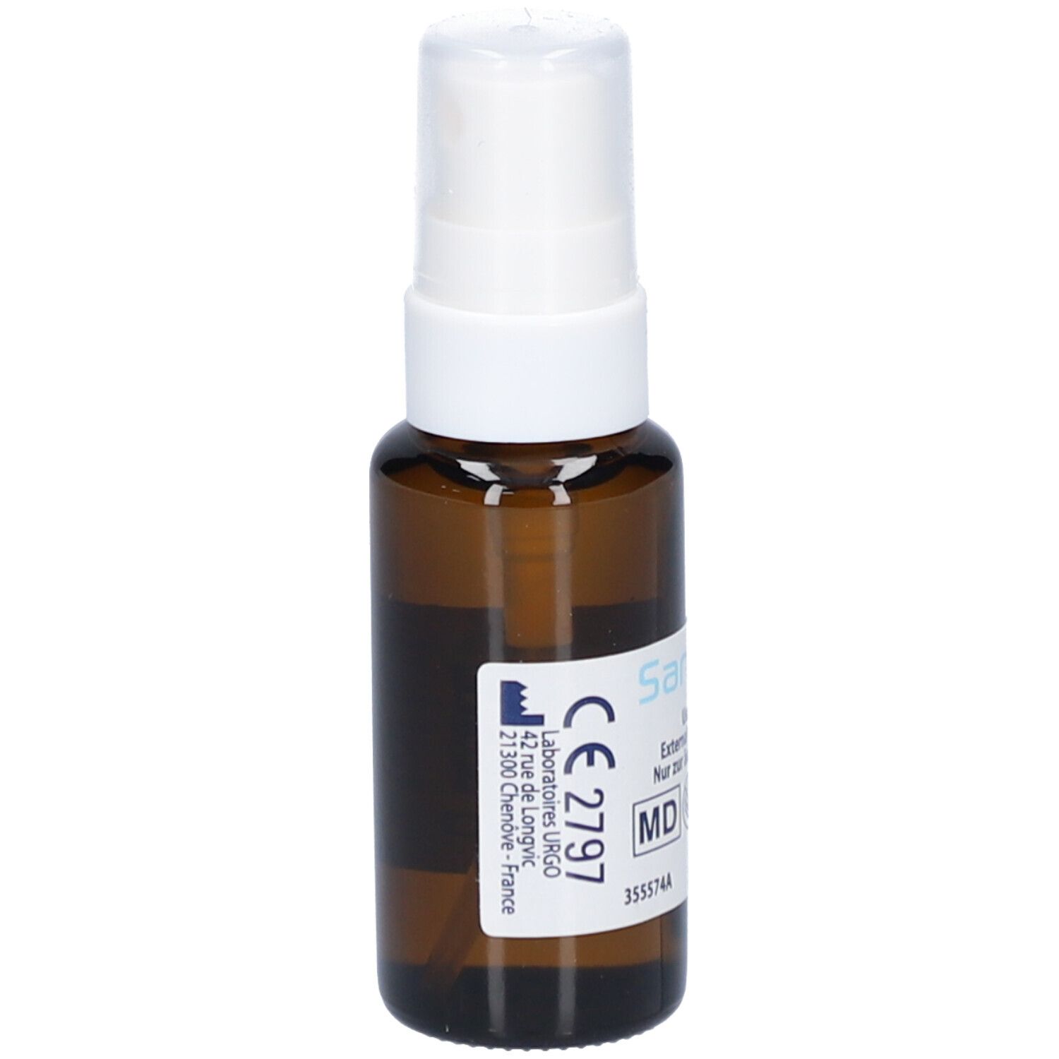 Braune Sprühflasche mit weißem Sprühkopf. Beschriftung: Sanyrene, 20 ml, externe Anwendung. Logo Urgo Medical.