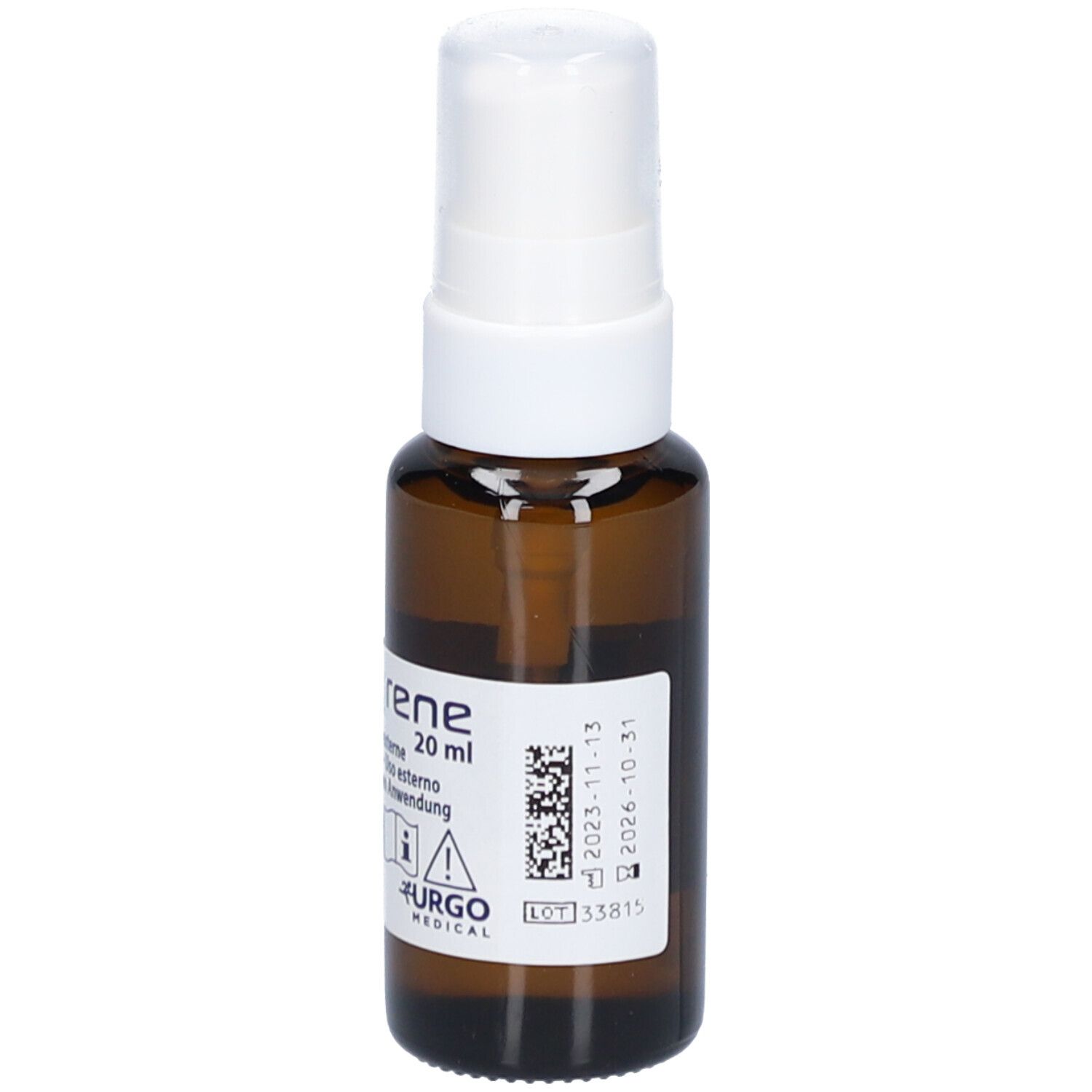Braune Sprühflasche mit weißem Sprühkopf. Beschriftung: Sanyrene, 20 ml, externe Anwendung. Logo Urgo Medical.