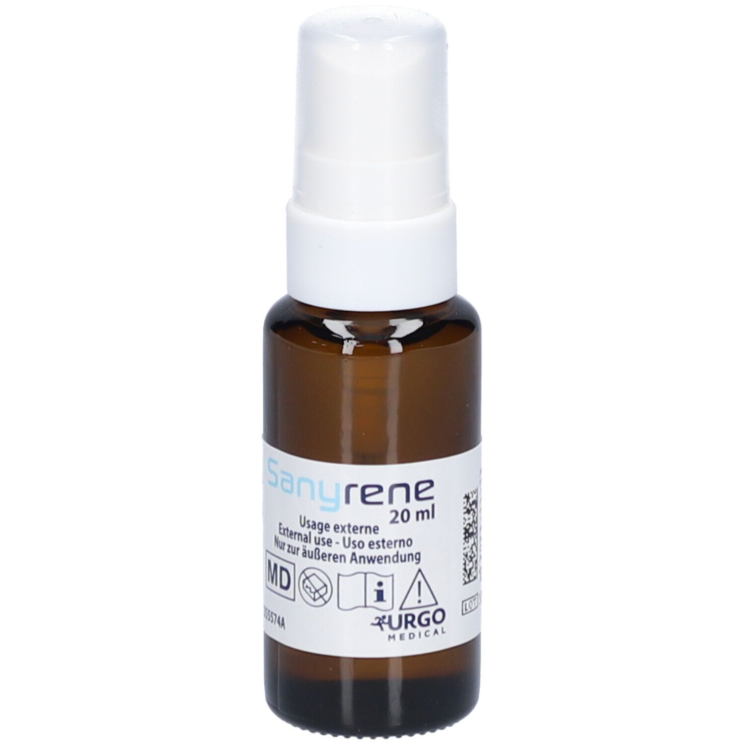 Braune Sprühflasche mit weißem Sprühkopf. Beschriftung: Sanyrene, 20 ml, externe Anwendung. Logo Urgo Medical.