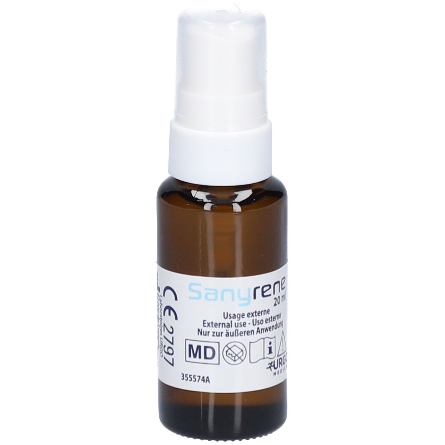 Braune Sprühflasche mit weißem Sprühkopf. Beschriftung: Sanyrene, 20 ml, externe Anwendung. Logo Urgo Medical.