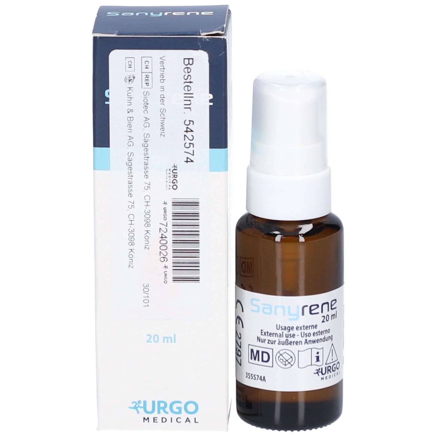 Sanyrene-Flasche und Verpackung. Verpackung: weiß mit blauer Beschriftung. Flasche: braun mit weißem Sprühkopf. Logo Urgo Medical.
