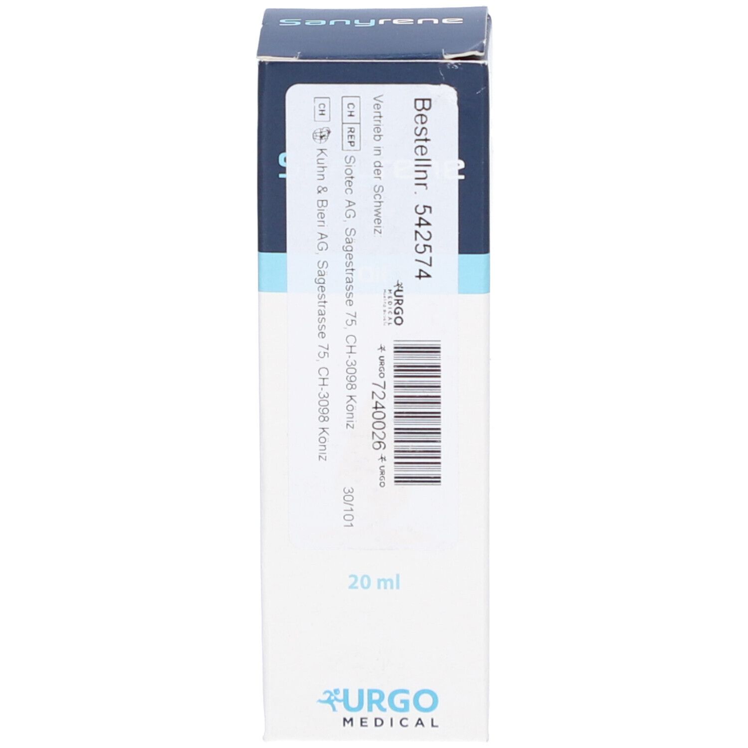 Verpackung von Sanyrene. Weiß mit blauer Beschriftung. Beschriftung: Bestellnr. 542574, 20 ml. Logo Urgo Medical.