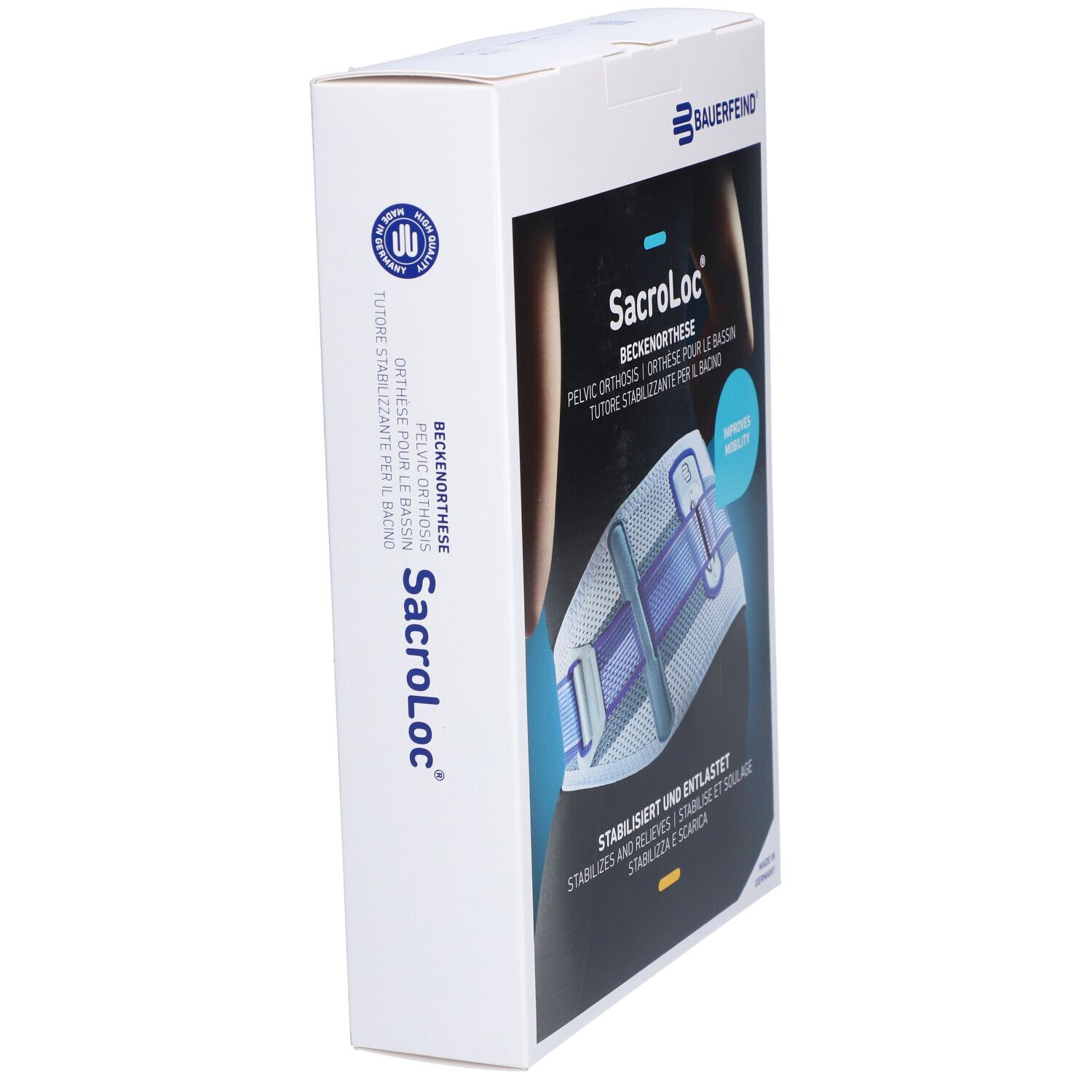 Bauerfeind SacroLoc Beckenorthese Verpackung, Seitenansicht. Produktname und Logo deutlich sichtbar. Text: Beckenorthese.