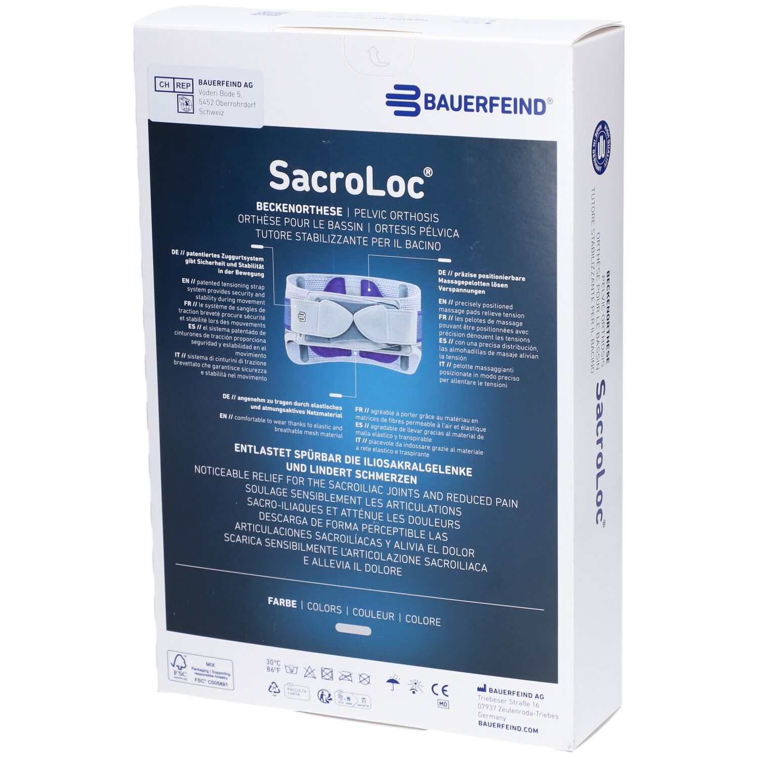 Rückseite der Bauerfeind SacroLoc Verpackung. Produktinformationen und Logos. Text: Entlastet spürbar die Iliosakralgelenke.