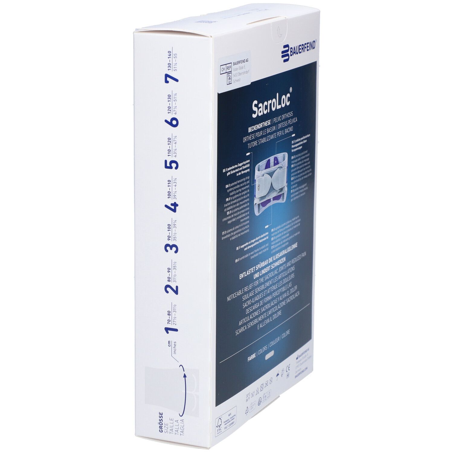 Bauerfeind SacroLoc Verpackung, Seitenansicht. Größenangaben auf der Seite. Text: Beckenorthese.
