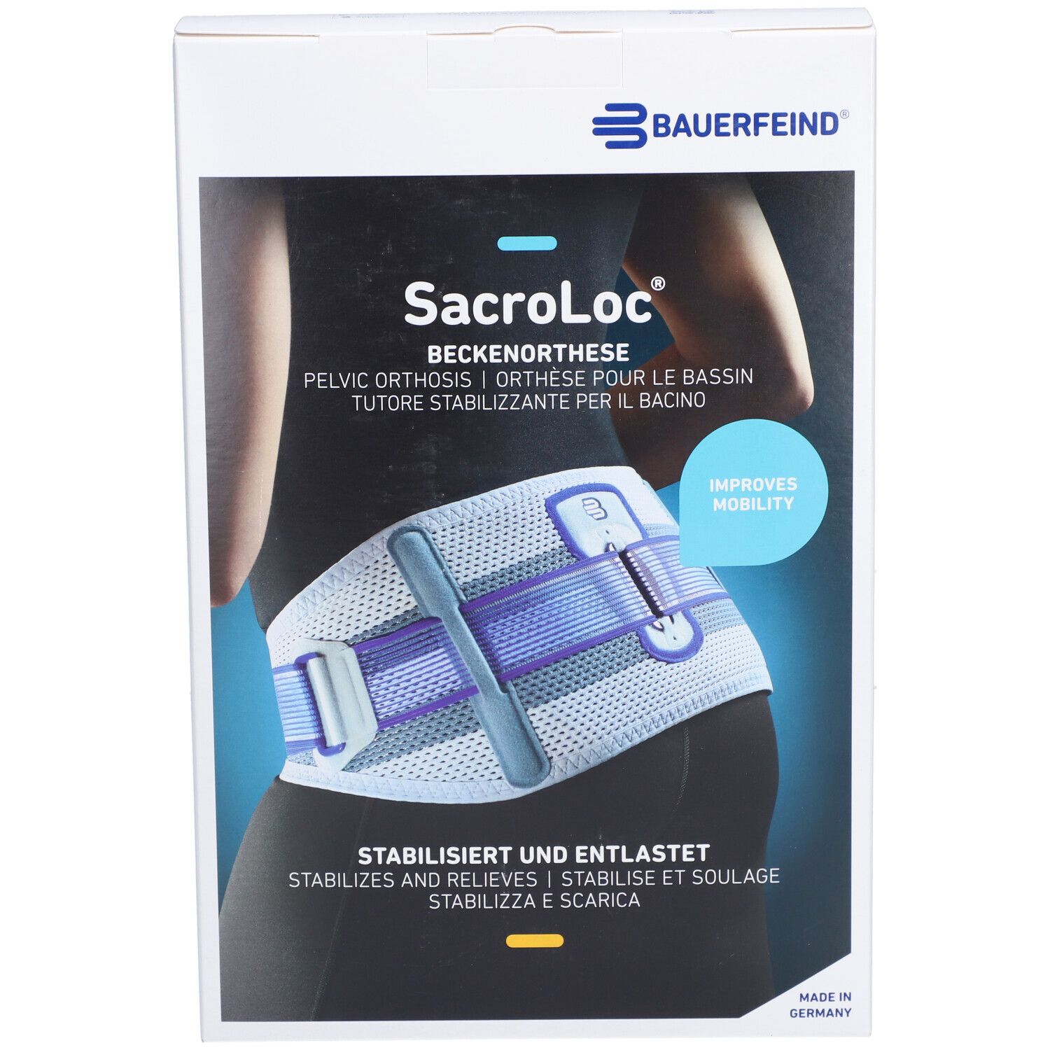 Bauerfeind SacroLoc Beckenorthese in Verpackung. Produktabbildung zeigt das Produkt am Körper. Text: Stabilisiert und entlastet.