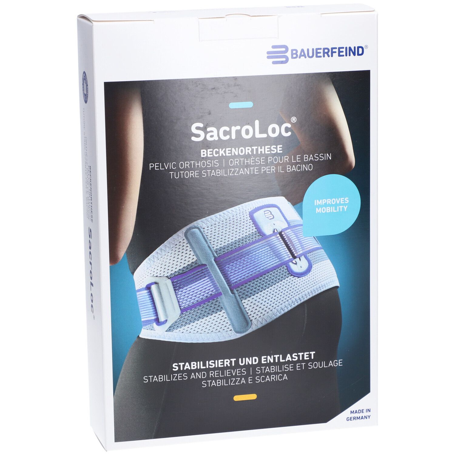 Bauerfeind SacroLoc Beckenorthese in Verpackung. Produktabbildung zeigt das Produkt am Körper. Text: Stabilisiert und entlastet.