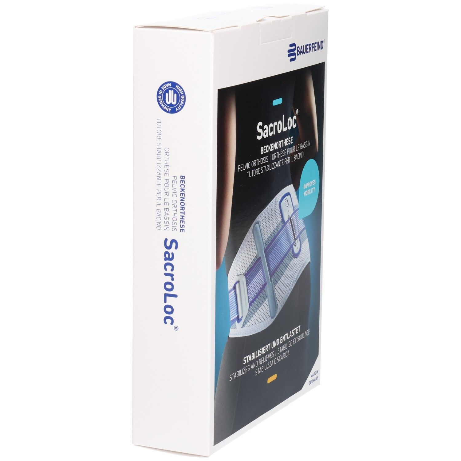 Seitenansicht der Verpackung der Bauerfeind SacroLoc Beckenorthese.