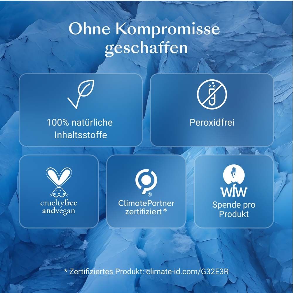 Blaues Bild mit Logos und Text. Text: 100% natürliche Inhaltsstoffe, Peroxidfrei, Crueltyfree andvegan.