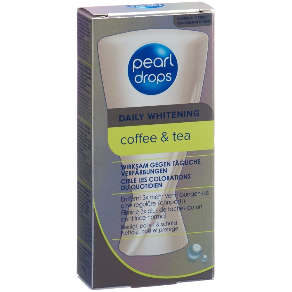 Emballage de dentifrice. Logo "Pearl Drops", "Daily Whitening coffee & tea". Texte en allemand et français.