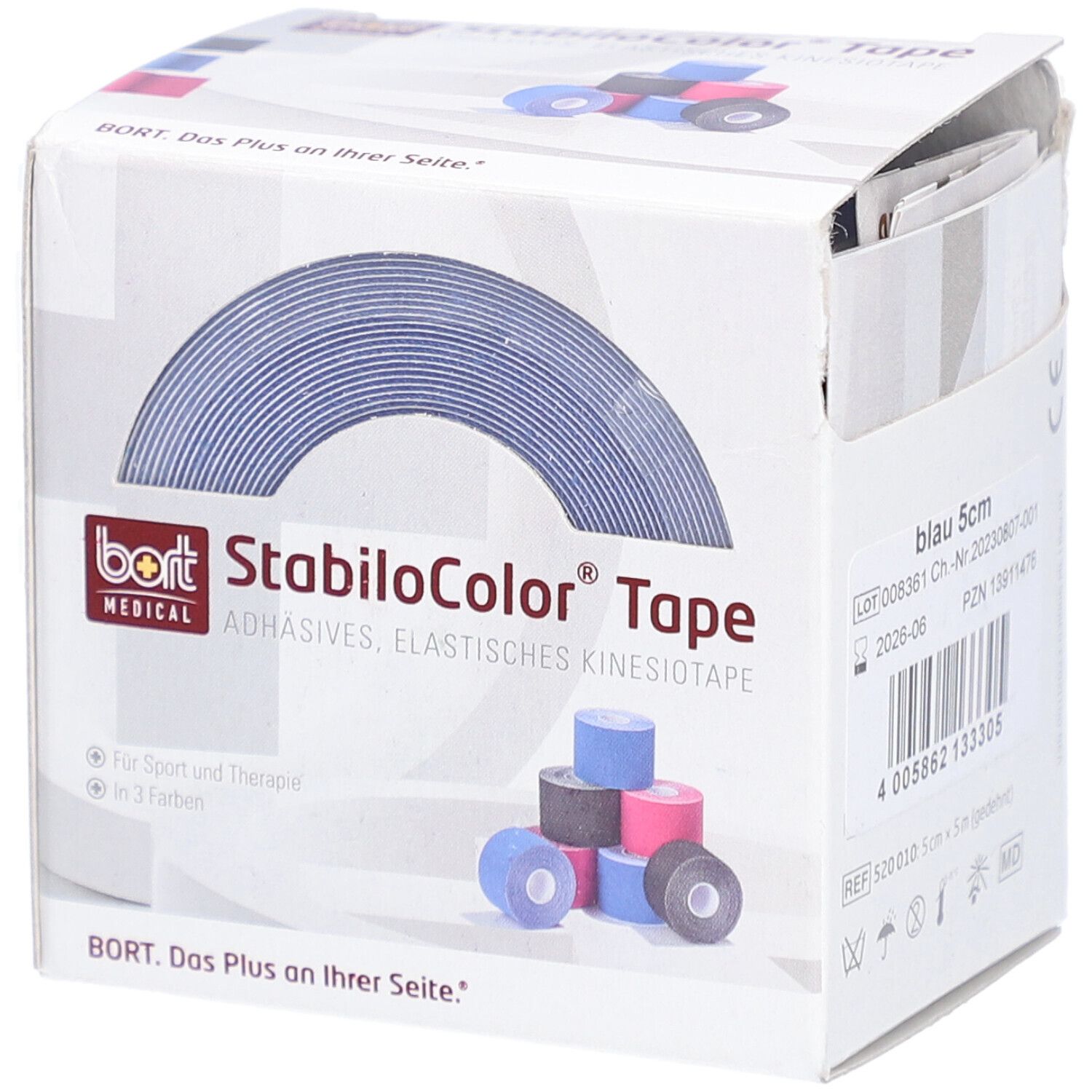 Verpackung von BORT StabiloColor® Tape blau. Aufschrift: StabiloColor® Tape, blau 5cm. Gezeigt: Rolle blaues Tape.