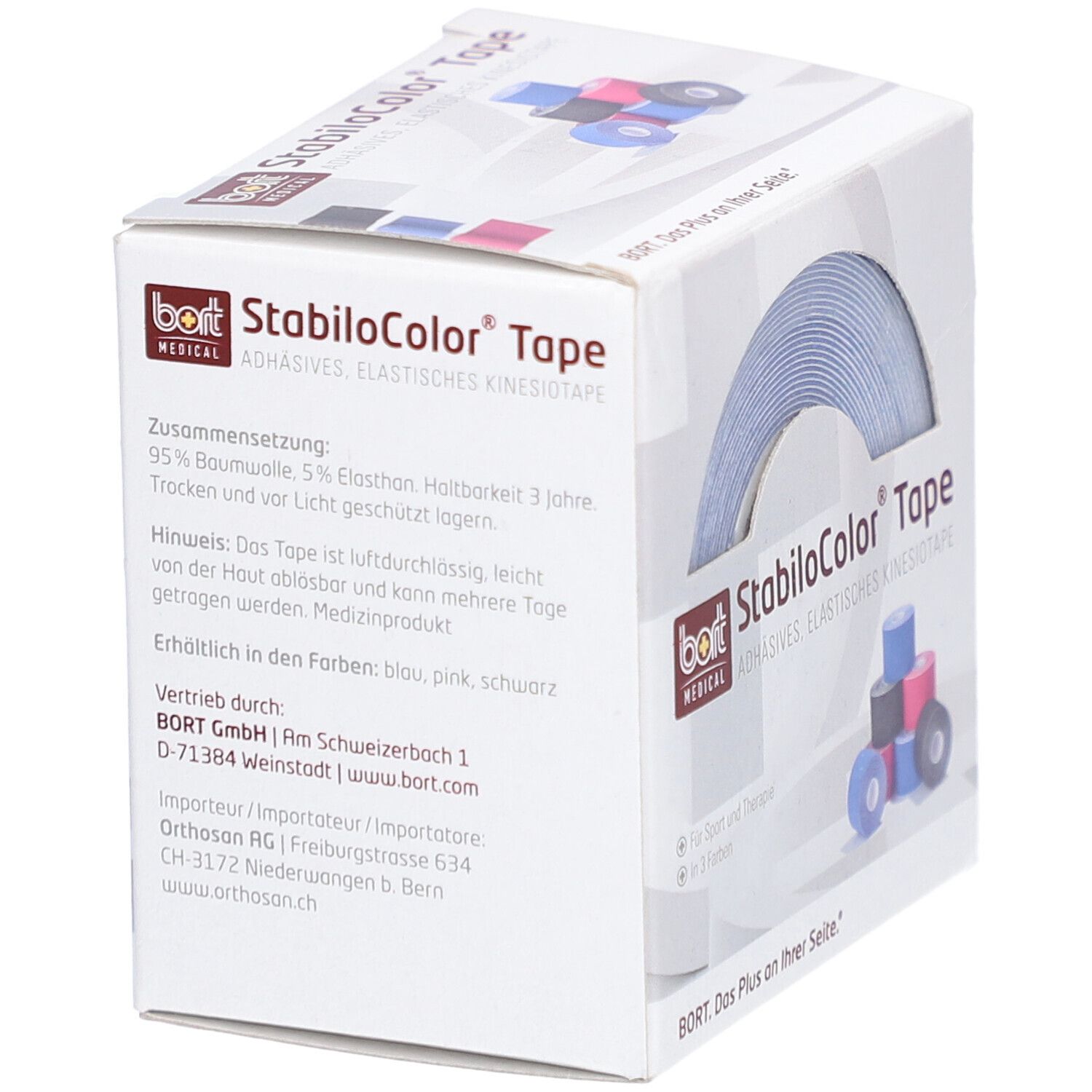 Verpackung von BORT StabiloColor® Tape. Aufschrift: StabiloColor® Tape. Gezeigt: Rolle blaues Tape. Text: Zusammensetzung, Hinweis, Vertrieb.