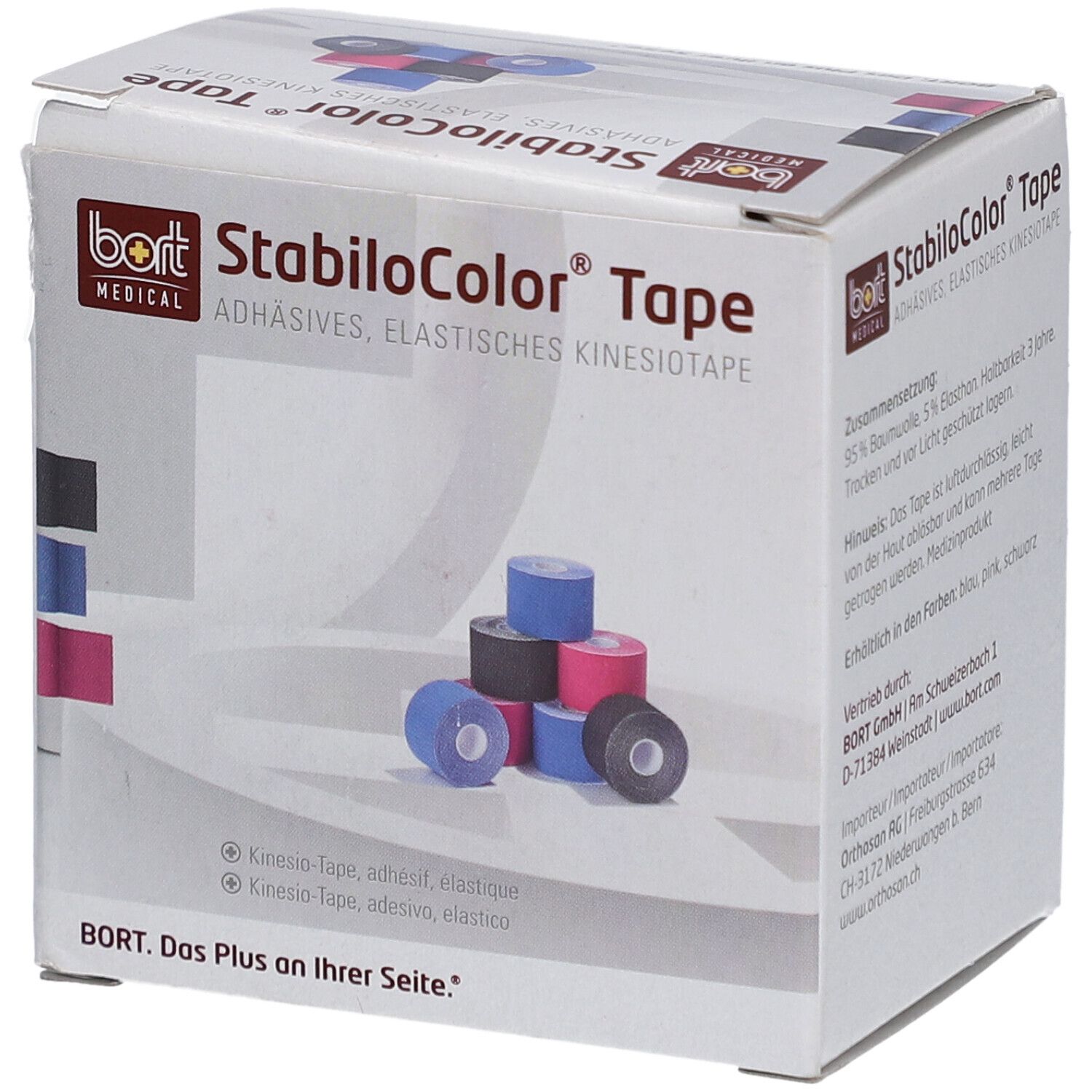 Verpackung von BORT StabiloColor® Tape. Aufschrift: StabiloColor® Tape. Gezeigt: Rollen Tape in verschiedenen Farben: blau, schwarz, pink.