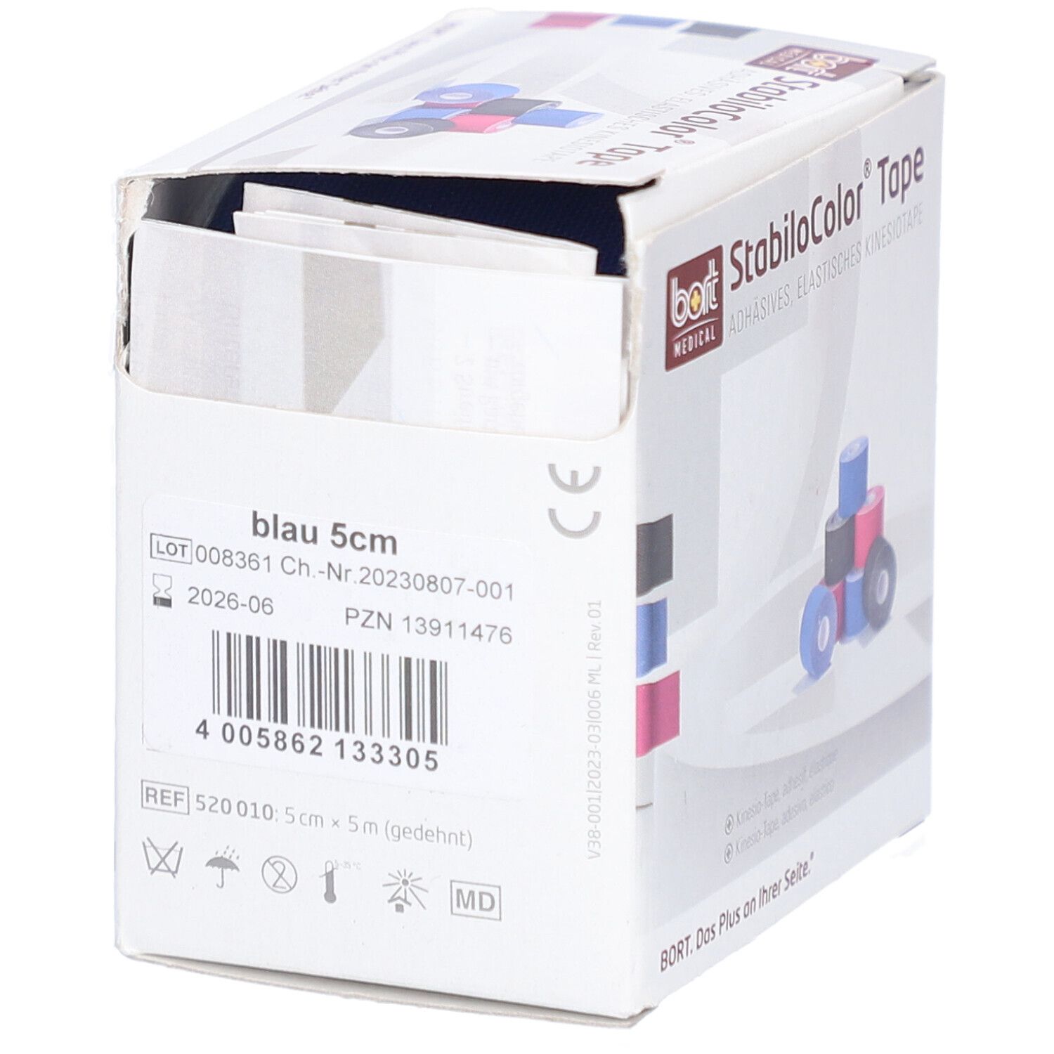 Verpackung von BORT StabiloColor® Tape. Aufschrift: StabiloColor® Tape, blau 5cm. Gezeigt: Rolle blaues Tape. CE-Kennzeichnung.