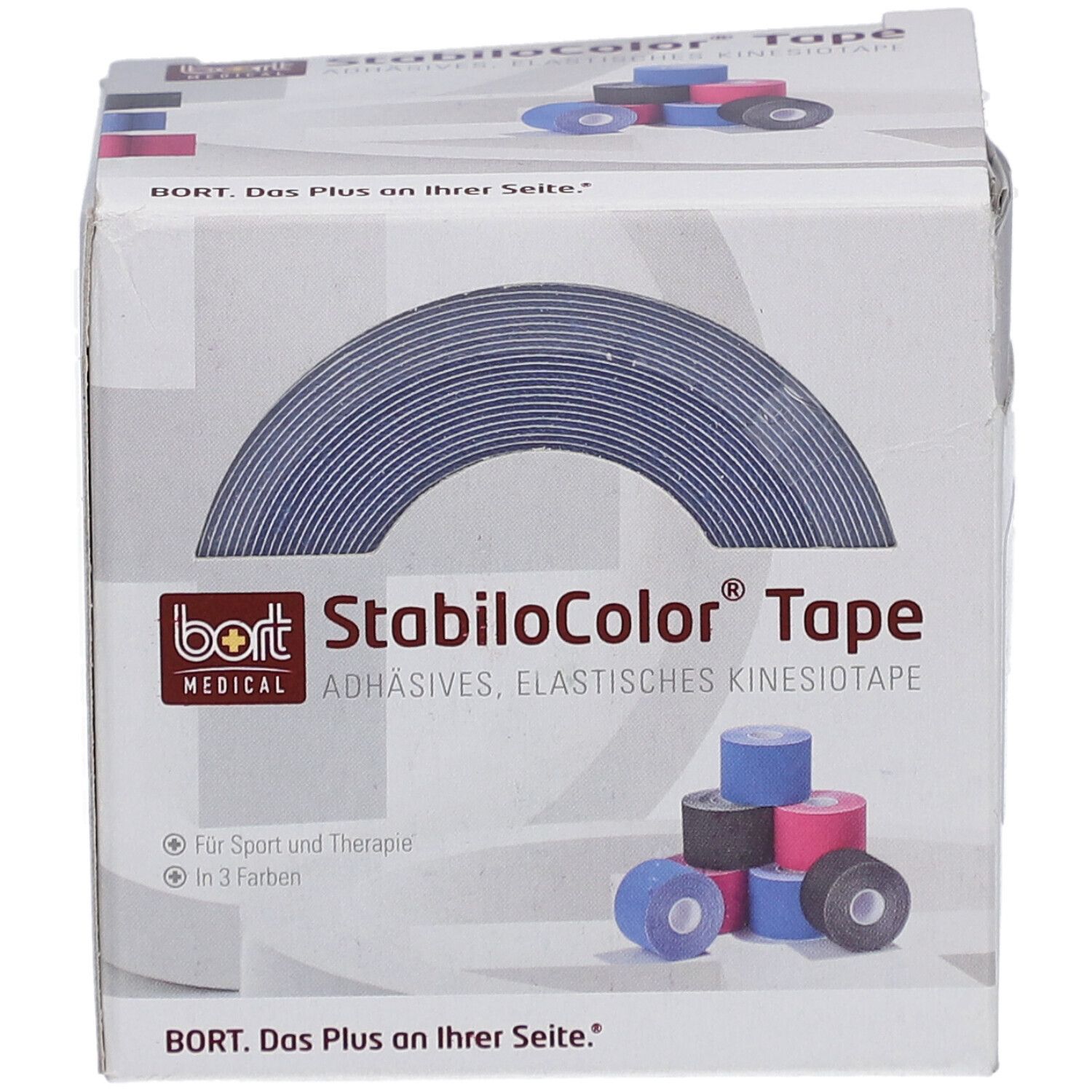 Verpackung von BORT StabiloColor® Tape. Aufschrift: StabiloColor® Tape. Gezeigt: Rolle blaues Tape. Abbildung: Rollen Tape in verschiedenen Farben.