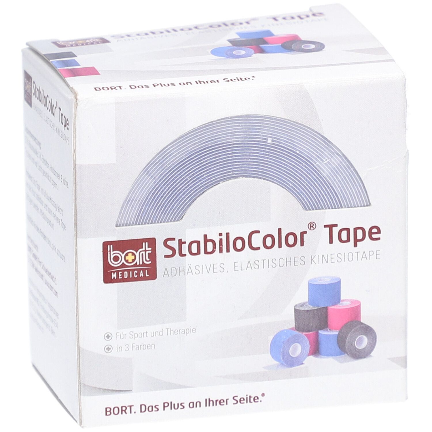 Verpackung von BORT StabiloColor® Tape. Aufschrift: StabiloColor® Tape. Gezeigt: Rolle blaues Tape. Abbildung: Rollen Tape in verschiedenen Farben.