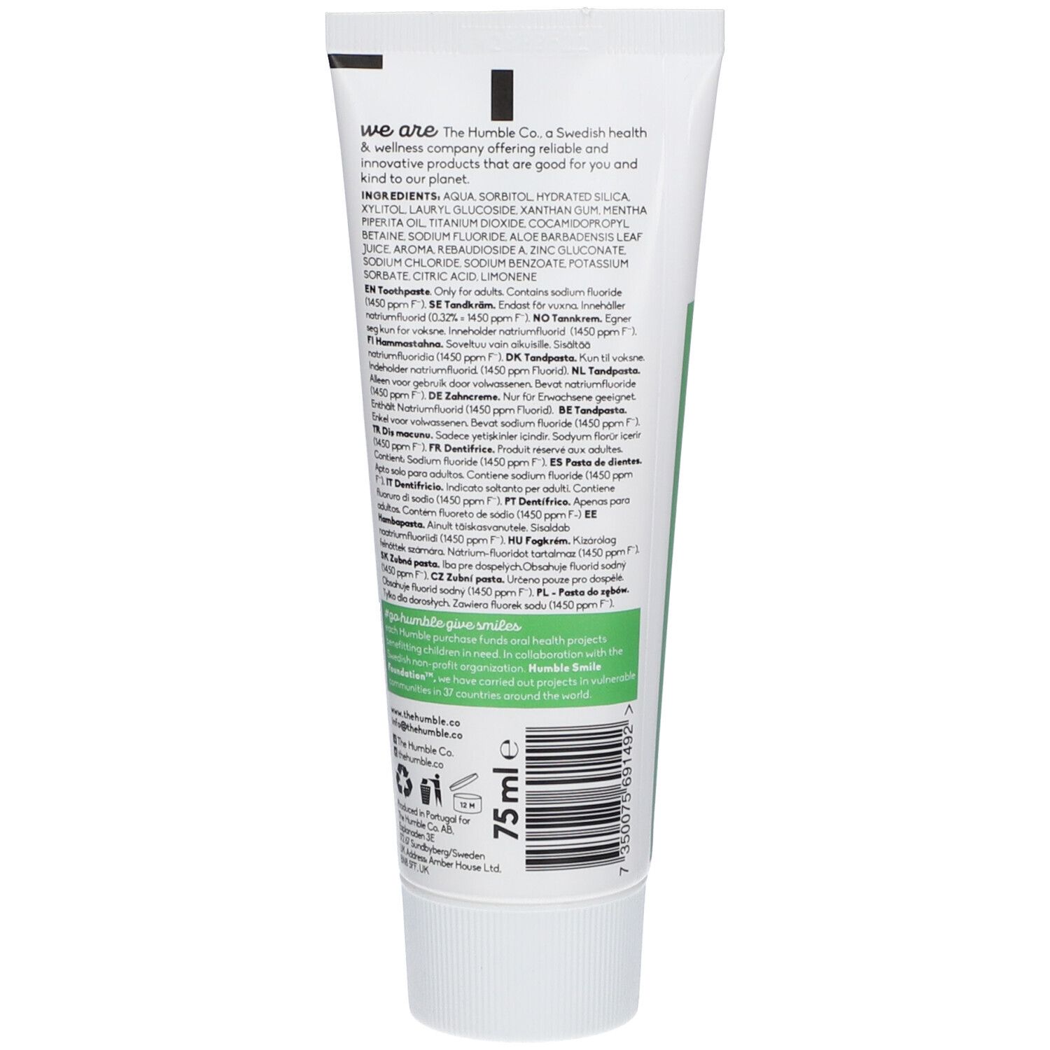 Rückseite der Zahnpasta-Tube. Weiß mit grünem Text. Enthält Inhaltsstoffe und Text: "THE HUMBLE CO.", "75 ml e".