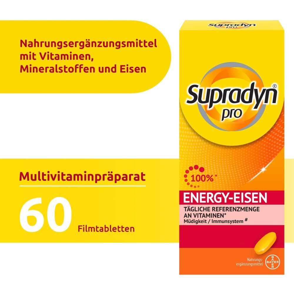 Boîte de Supradyn pro Energy-Fer. Contient 60 comprimés pelliculés. Design jaune-orange avec nom et informations sur le produit.