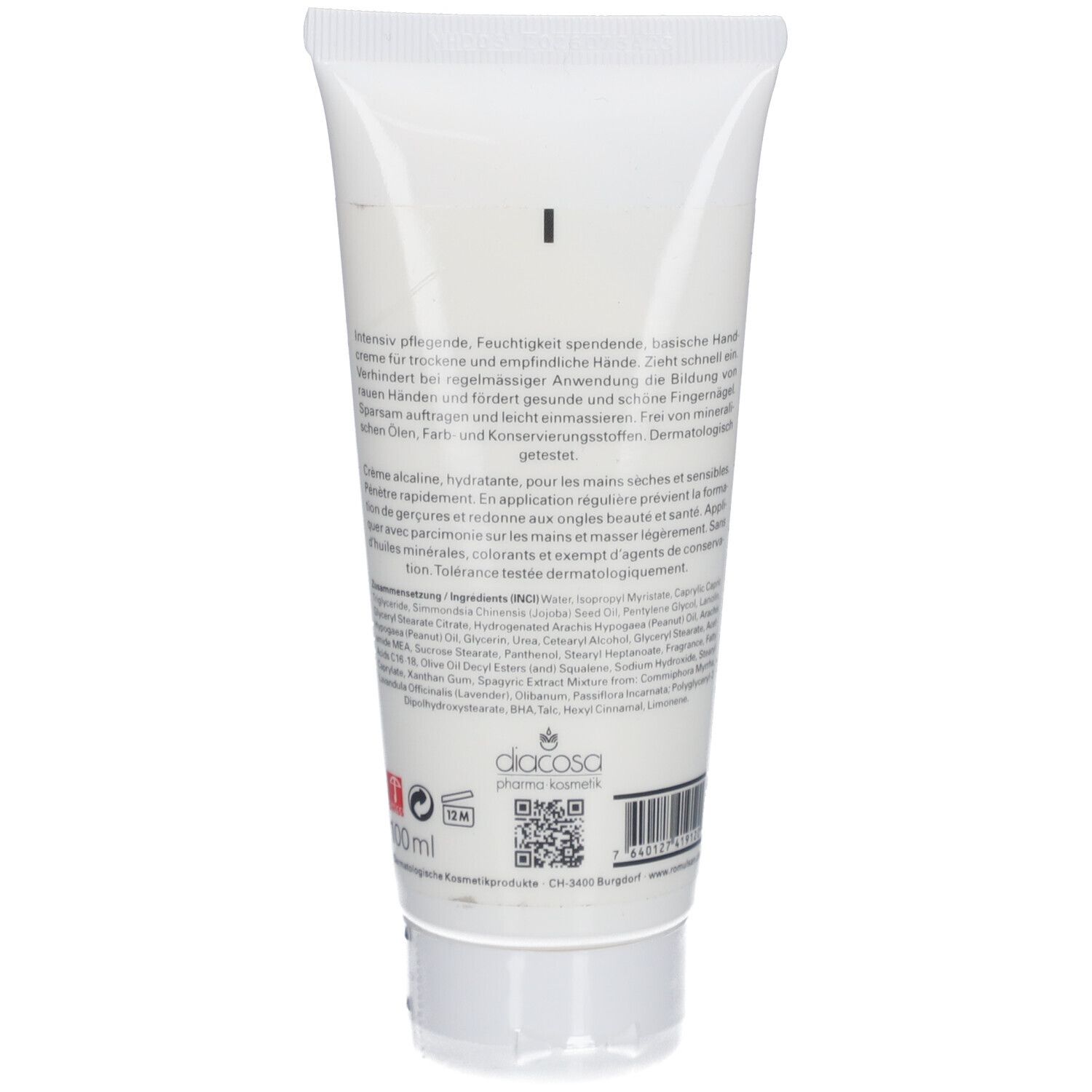 Rückseite der Tube mit Text in mehreren Sprachen. Diacosa Kosmetik Logo und QR-Code.
