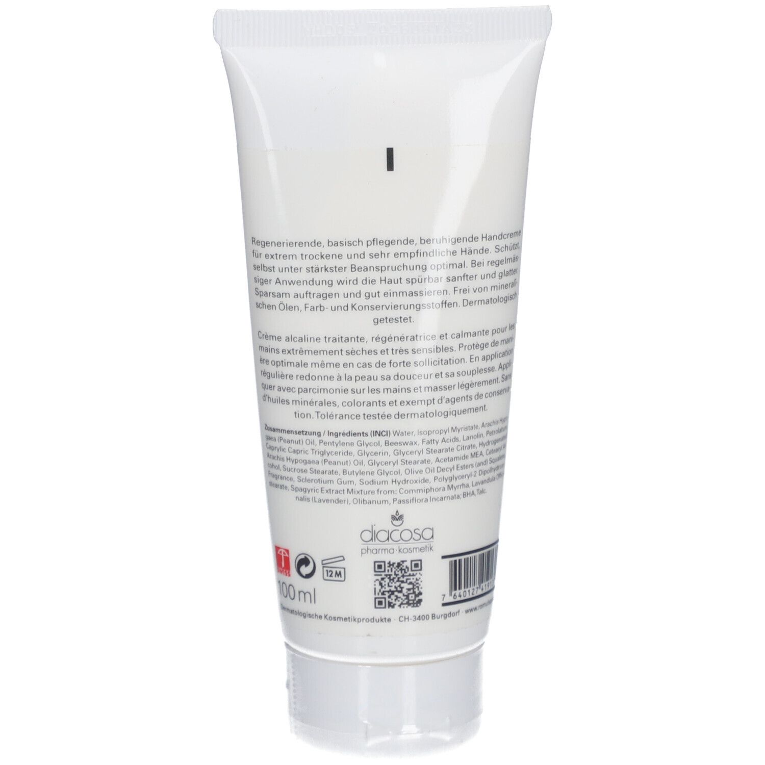 Rückseite der Creme-Tube. Text mit Inhaltsstoffen und Herstellerinformationen. Diacosa.