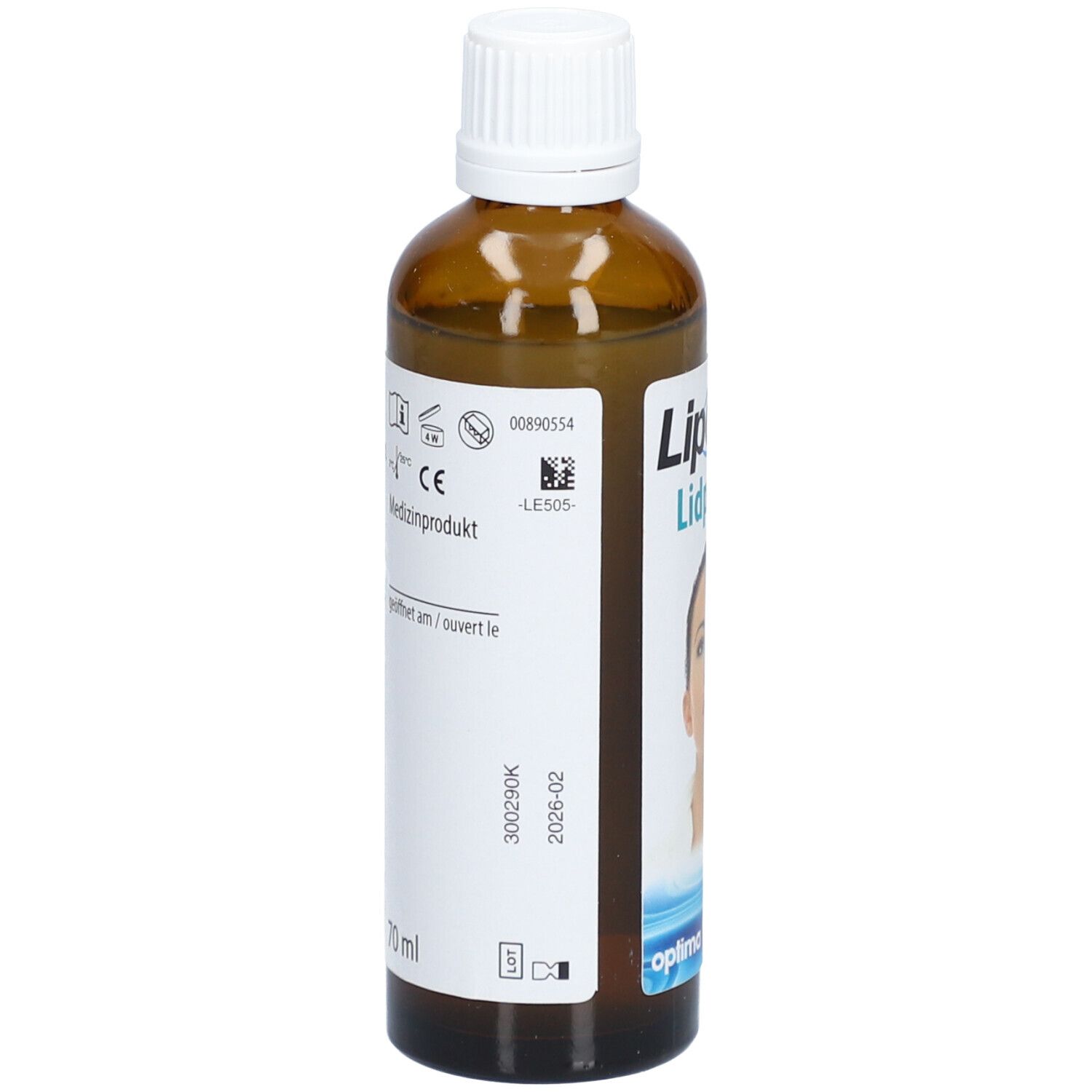 Braune Flasche mit weißem Deckel. Aufschrift und Etikett mit Informationen. 70 ml.