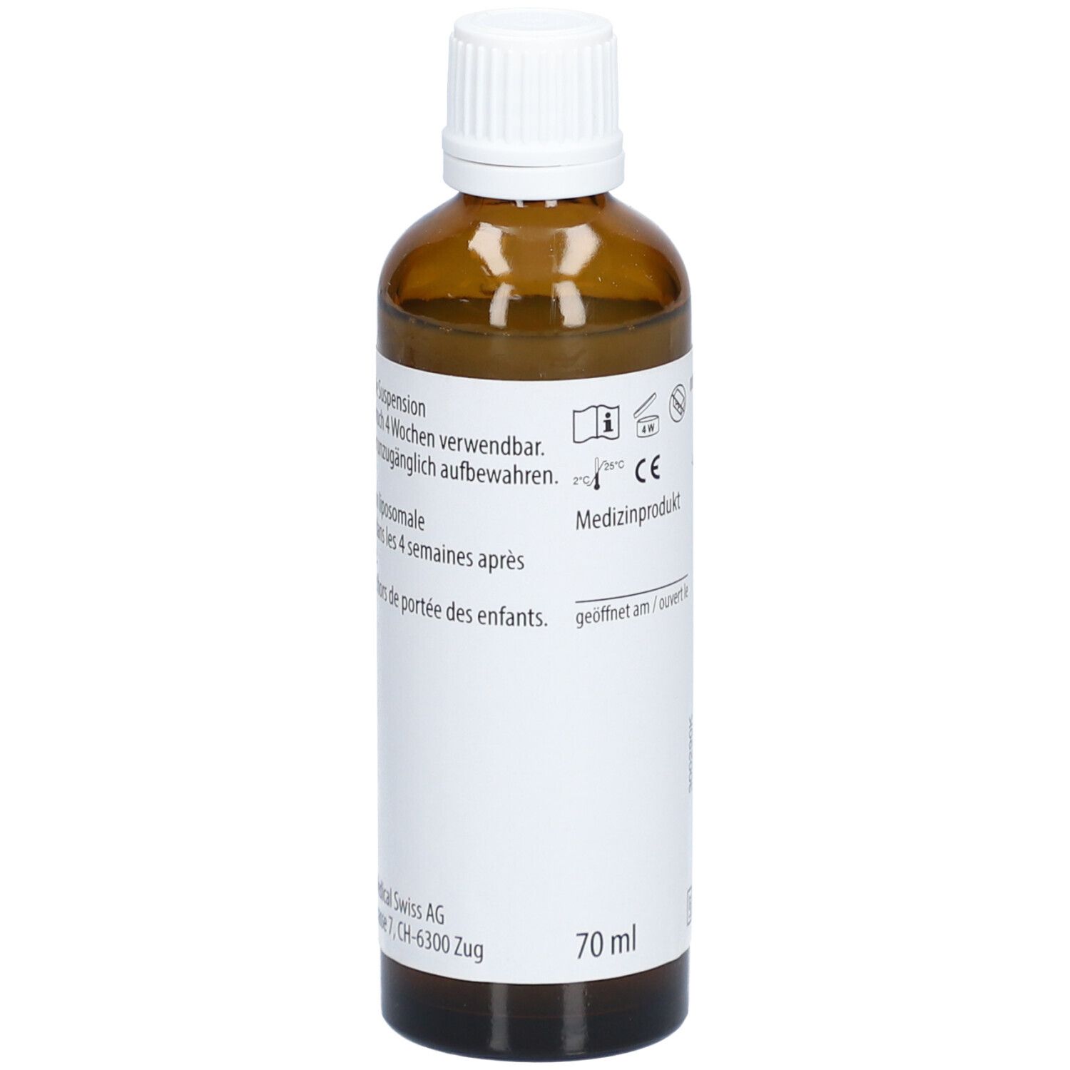 Braune Flasche mit weißem Deckel. Etikett mit Informationen. Medizinprodukt. 70 ml.