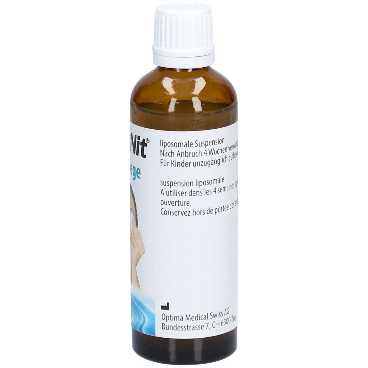 Braune Flasche mit weißem Deckel. Etikett mit Informationen. Medizinprodukt. 70 ml.