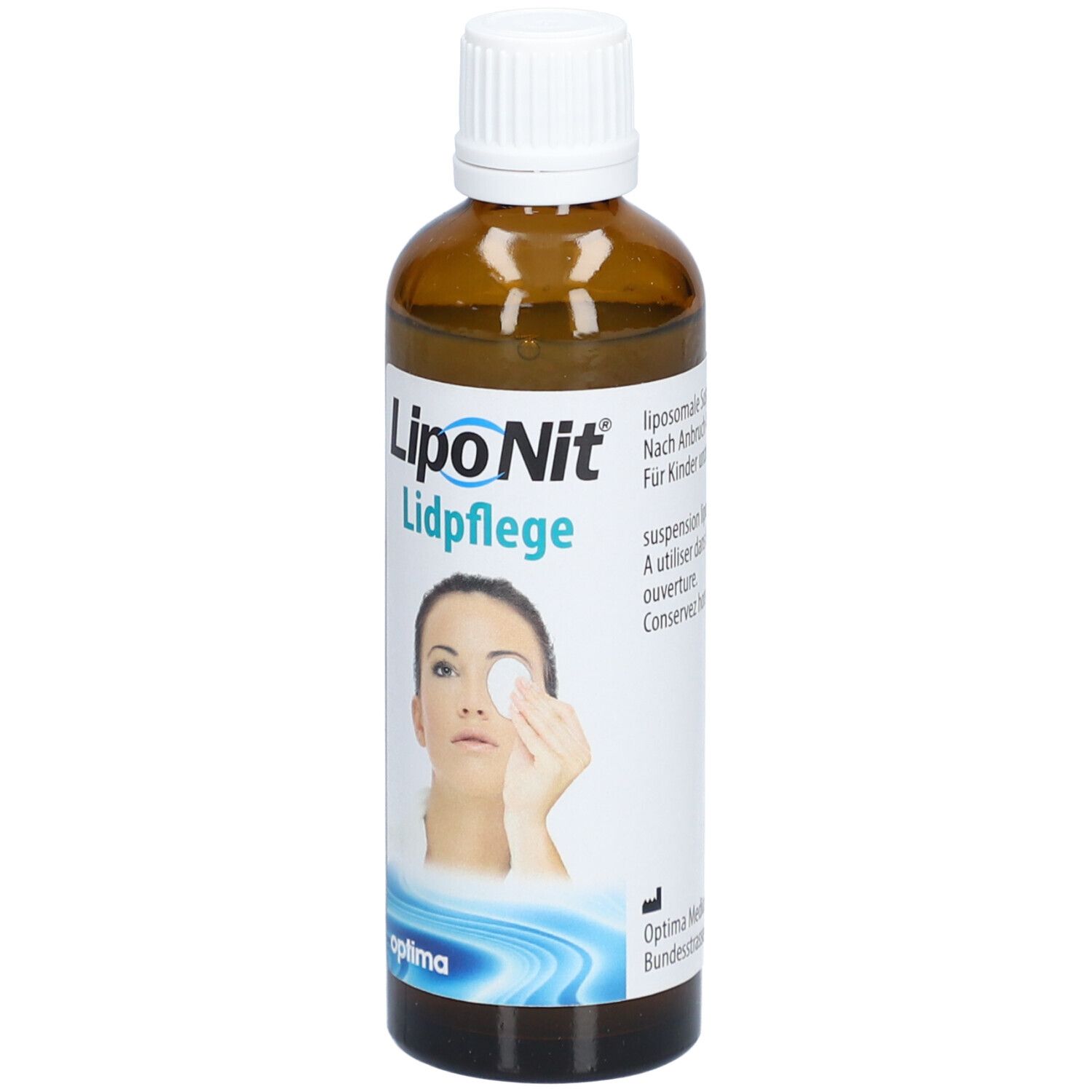 Braune Flasche mit weißem Deckel. Aufschrift: Lipo Nit Lidpflege. Frau mit Wattepad am Auge.
