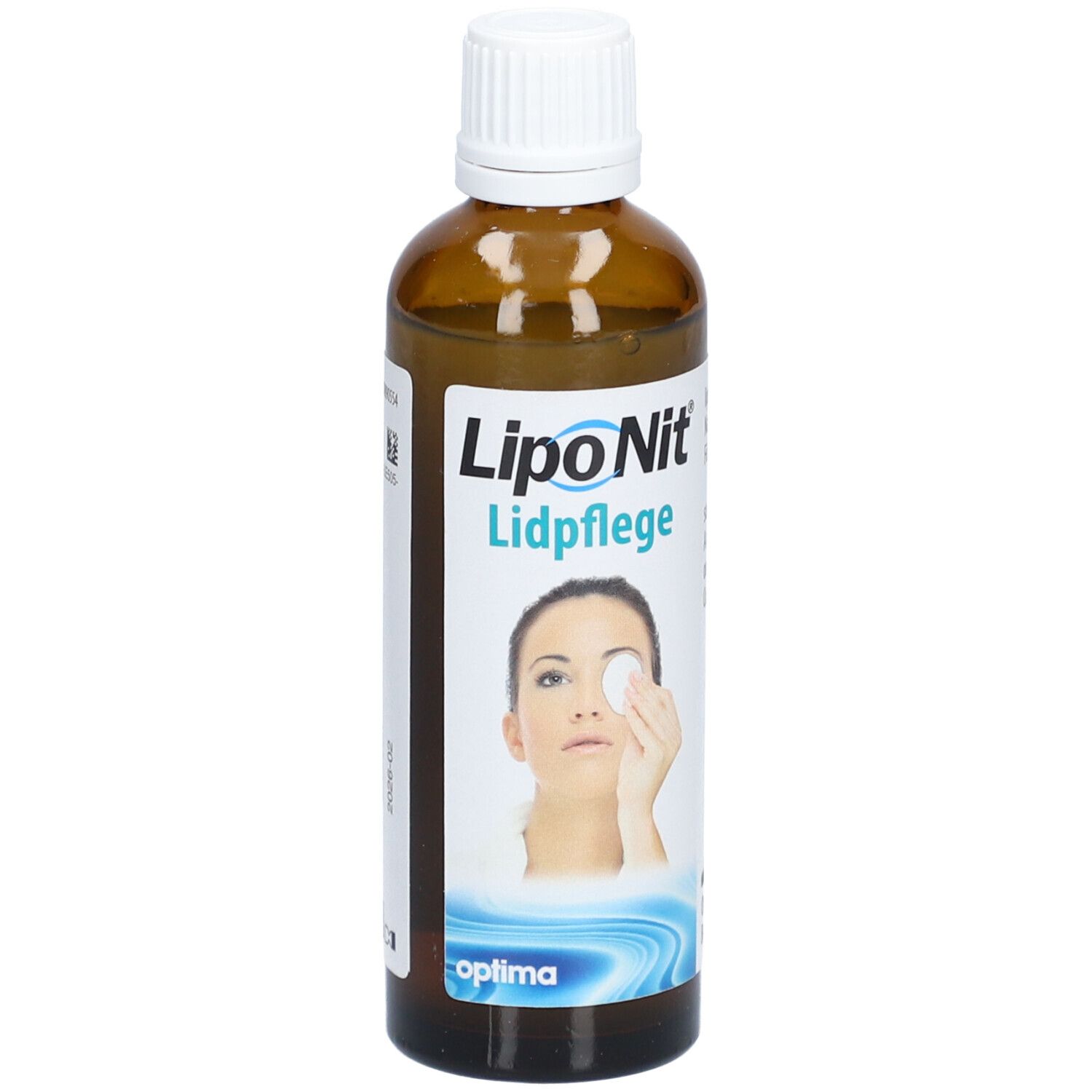 Braune Flasche mit weißem Deckel. Aufschrift: Lipo Nit Lidpflege. Frau mit Wattepad am Auge.