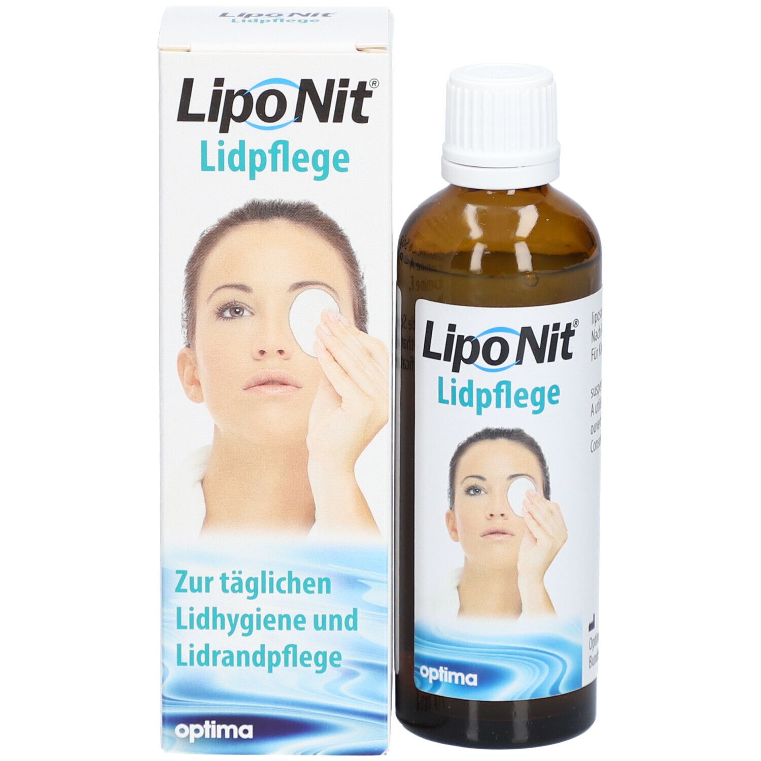 Produktverpackung und Flasche. Aufschrift: Lipo Nit Lidpflege. Frau mit Wattepad am Auge.