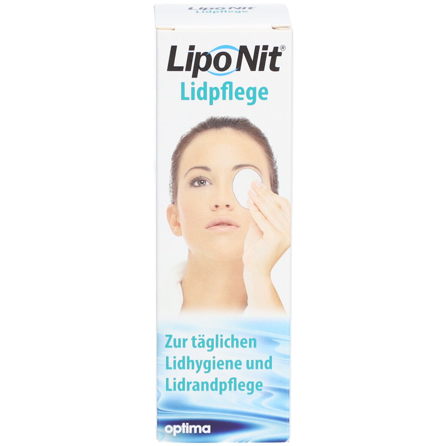 Produktverpackung. Aufschrift: Lipo Nit Lidpflege. Frau mit Wattepad am Auge.