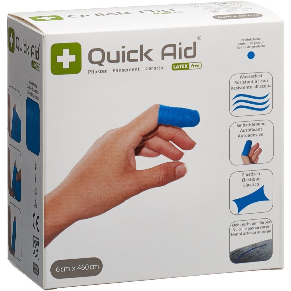 Verpackung von Quick Aid Pflaster. Blaue Fingerbandage auf Hand. 6 x 460 cm. Latex frei. Wasserfest, selbstklebend, elastisch.