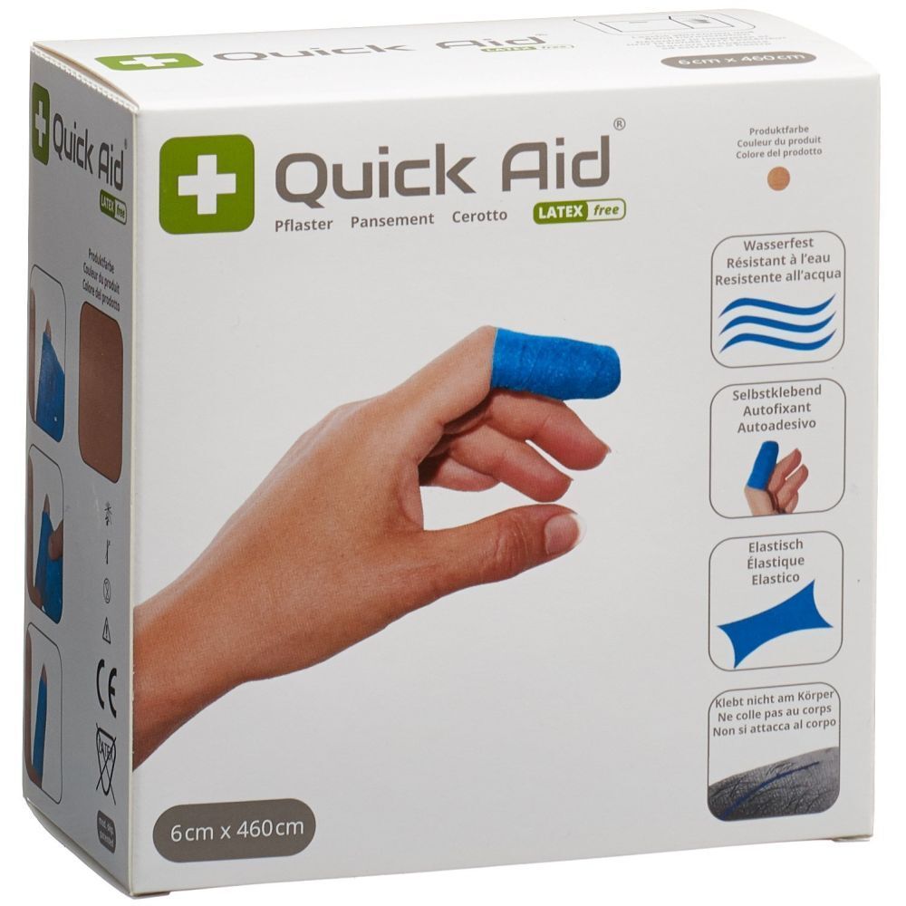 Verpackung von QUICK AID Latexfreie Pflaster. Fingerverband, blau, auf einem Finger. Box mit Produktinformationen und Logo.