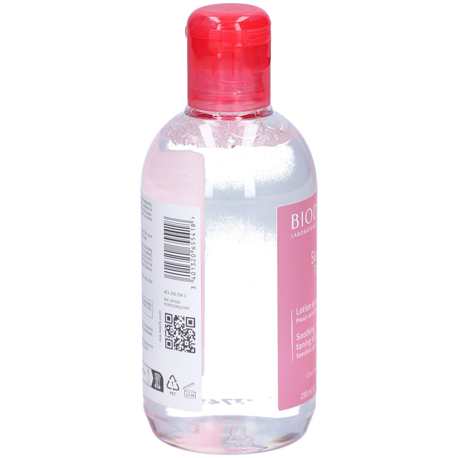 Rückseite der Flasche. Etikett mit Informationen und QR-Code. BIODERMA Sensibio Tonique. Transparente Flüssigkeit.