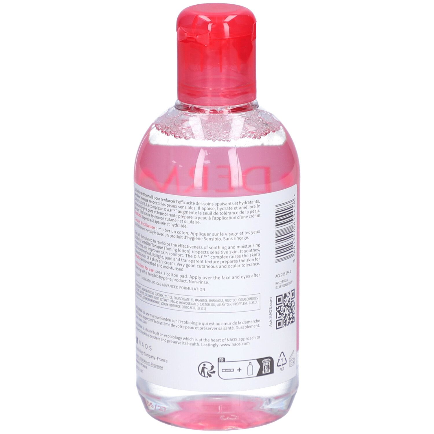 Rückseite der Flasche. Etikett mit Produktinformationen und Anwendungshinweisen. Transparente Flüssigkeit.