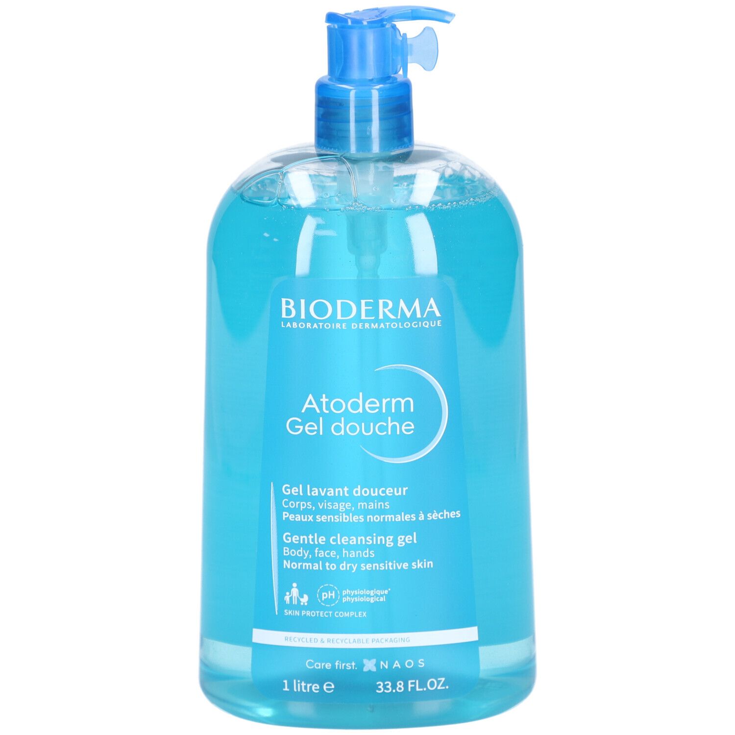 Bioderma Atoderm Duschgel. Große, blaue Flasche mit Dosierpumpe. Produktbezeichnung und Text auf dem Etikett.