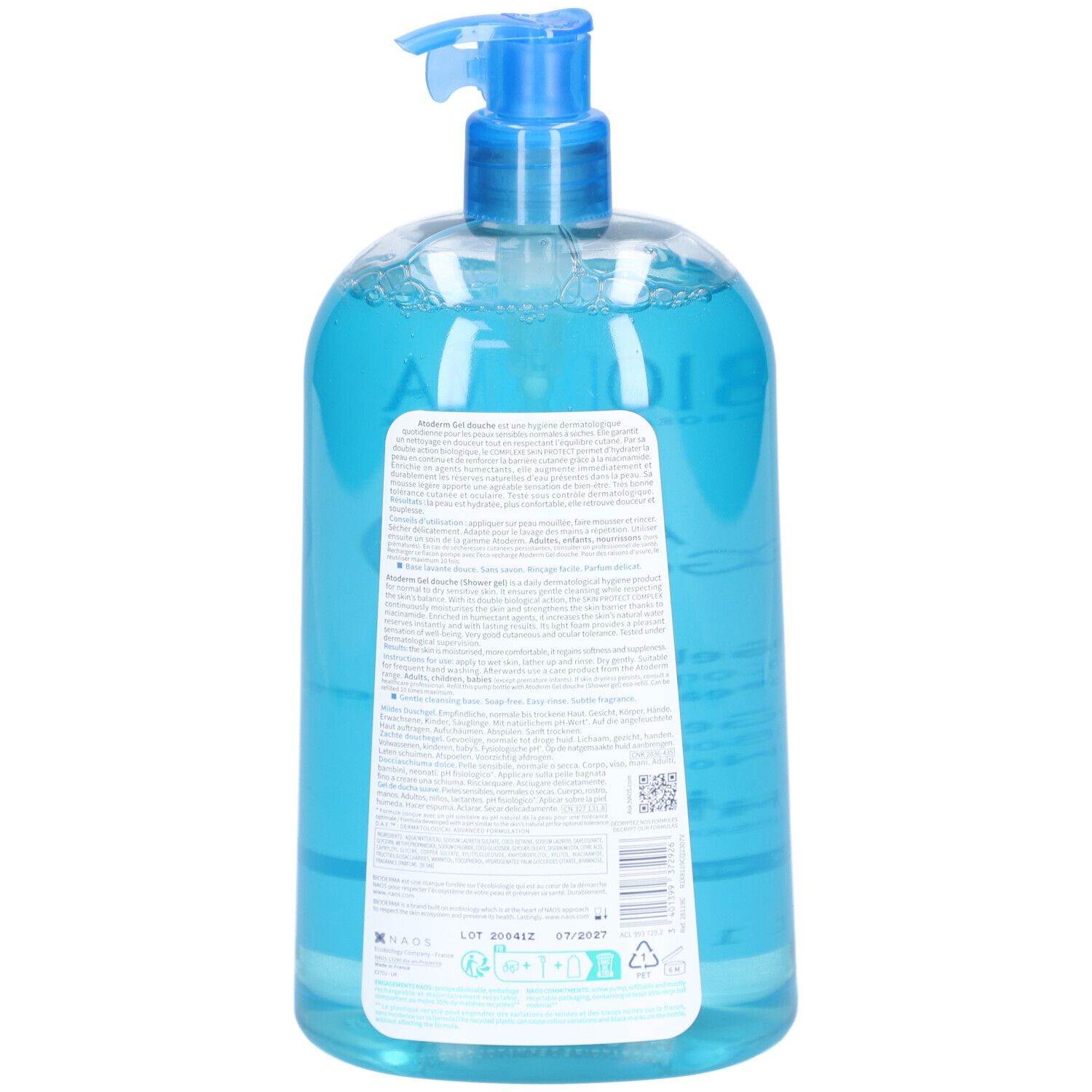 Rückansicht der blauen Bioderma Atoderm Duschgel-Flasche. Etikett mit Text und Informationen.