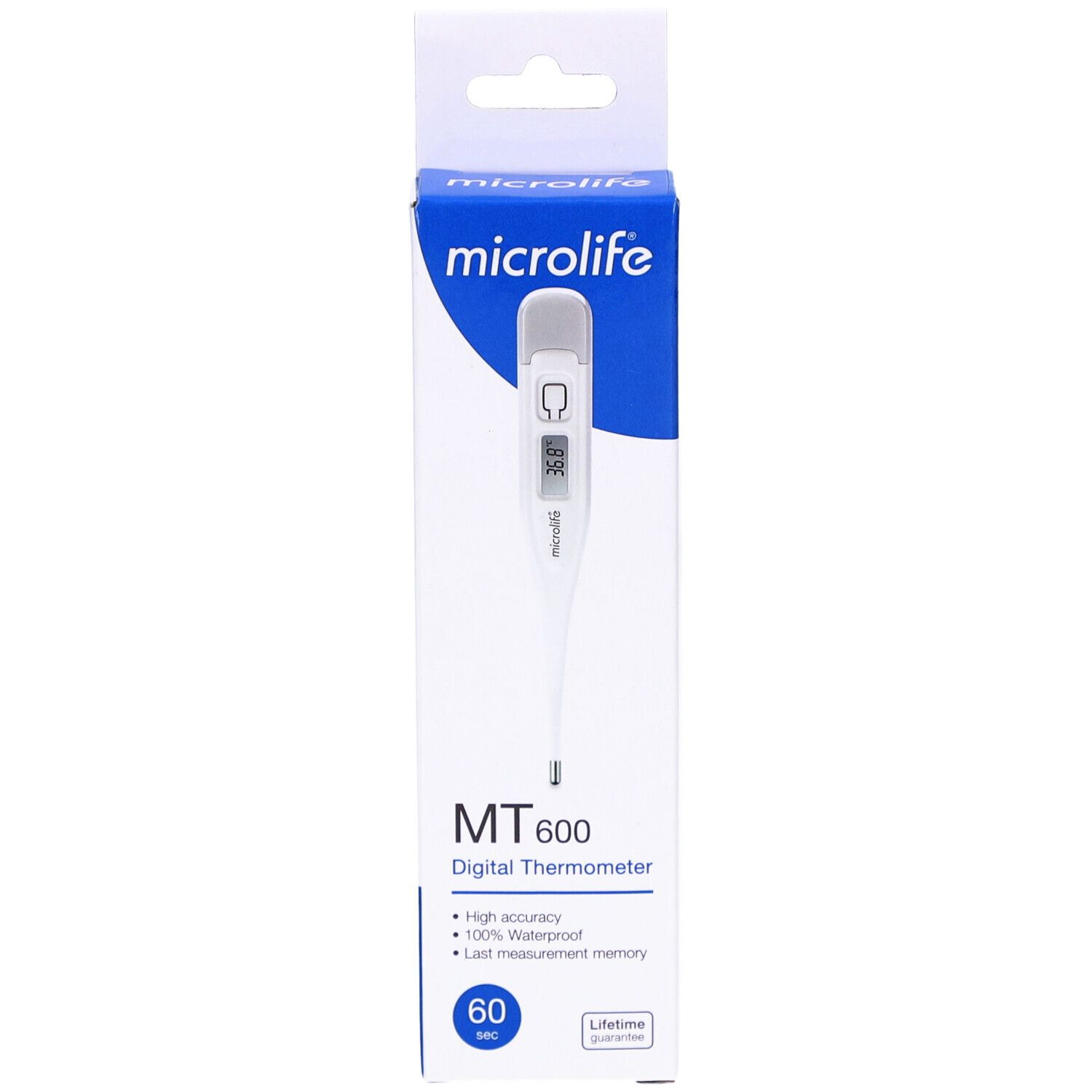 Microlife MT 600 Digitalthermometer in Verpackung. Weiß mit digitaler Anzeige.