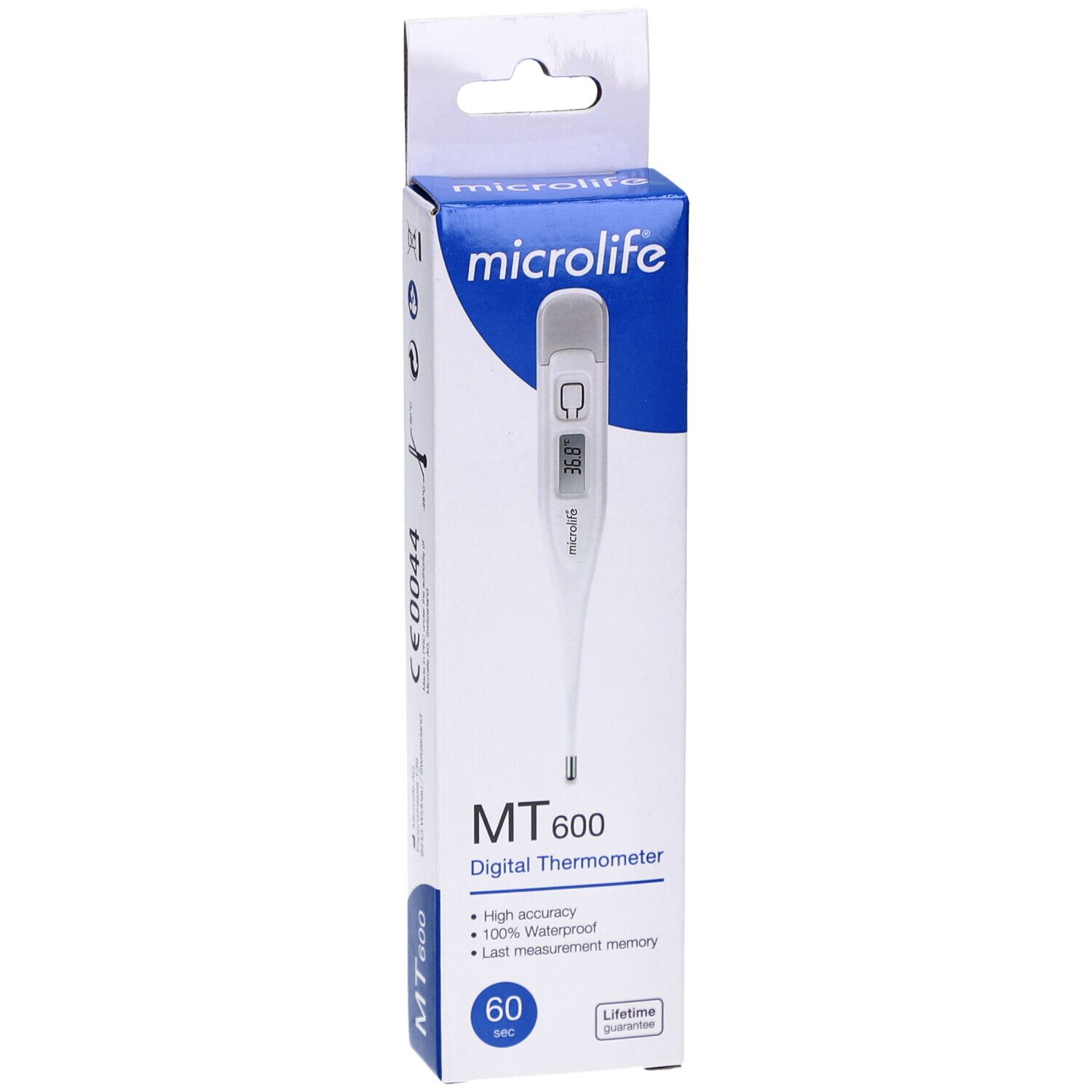 Microlife MT 600 Digitalthermometer in Verpackung. Weiß mit digitaler Anzeige.